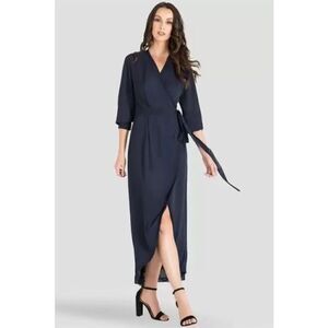 Standards & Practices - Elle Midnight Blue Tulip High Low Chiffon Wrap Dress siz